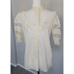 Vintage 70s Victorian Prairie Style Lace High Neck Pearl Button Blouse Top Sz M